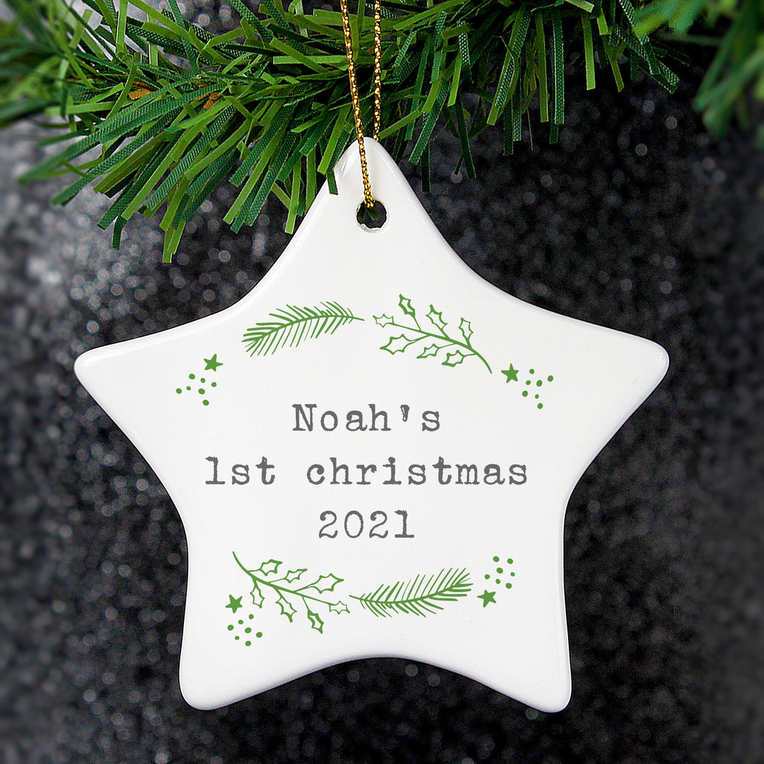Personalised Christmas Holly Ceramic Star Decoration, The Personal Shop, personalised gifts