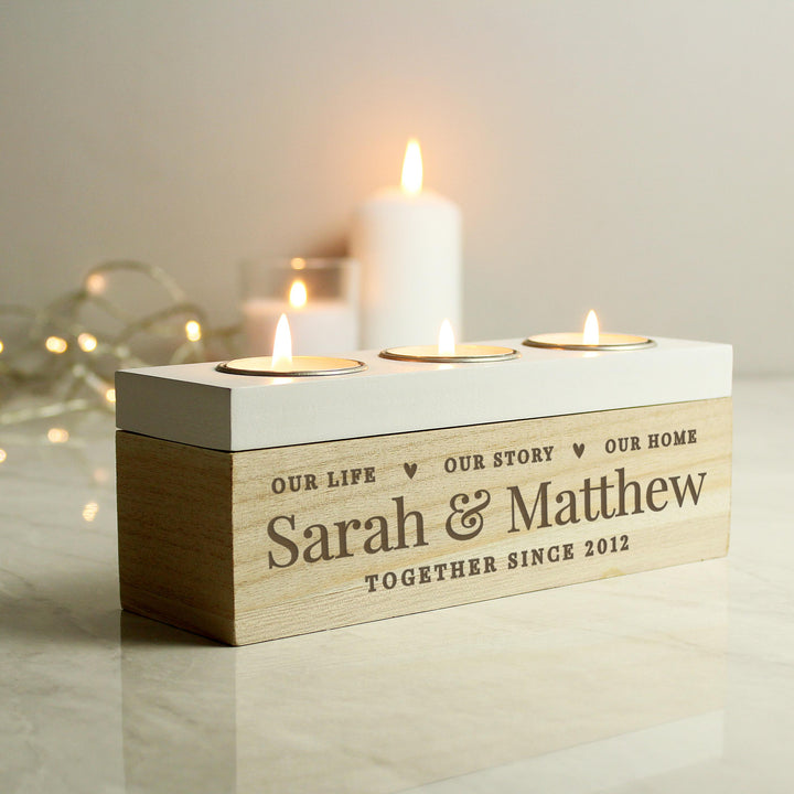 Personalised Our Life Story &amp; Home Triple Tea Light Box