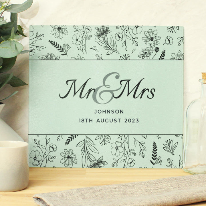 Personalised Mr &amp; Mrs Botanical Glass Chopping Board/Worktop Saver