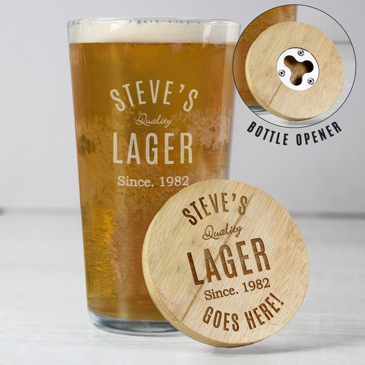 Personalised Free Text Bamboo Bottle Opener Coaster and Pint Glass – alternative view