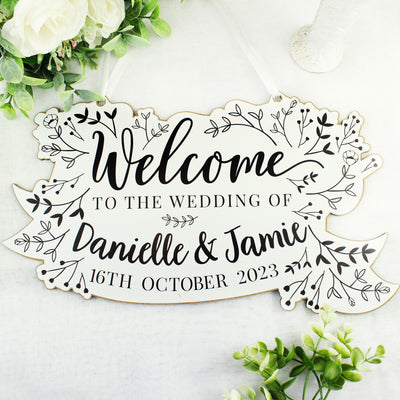 Personalised Monochrome Floral Wedding Wooden Hanging Decoration
