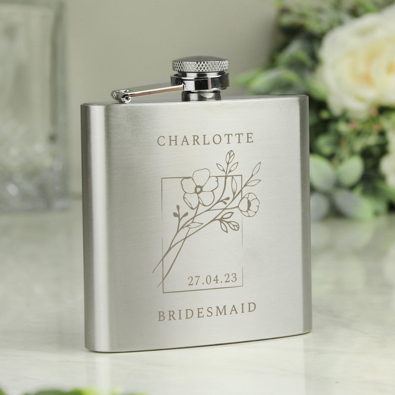 Personalised Monochrome Floral Wedding Party Hip Flask