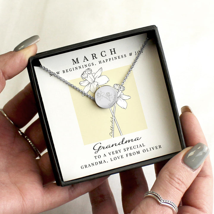 Personalised March Birth Flower Necklace and Box – alternative view