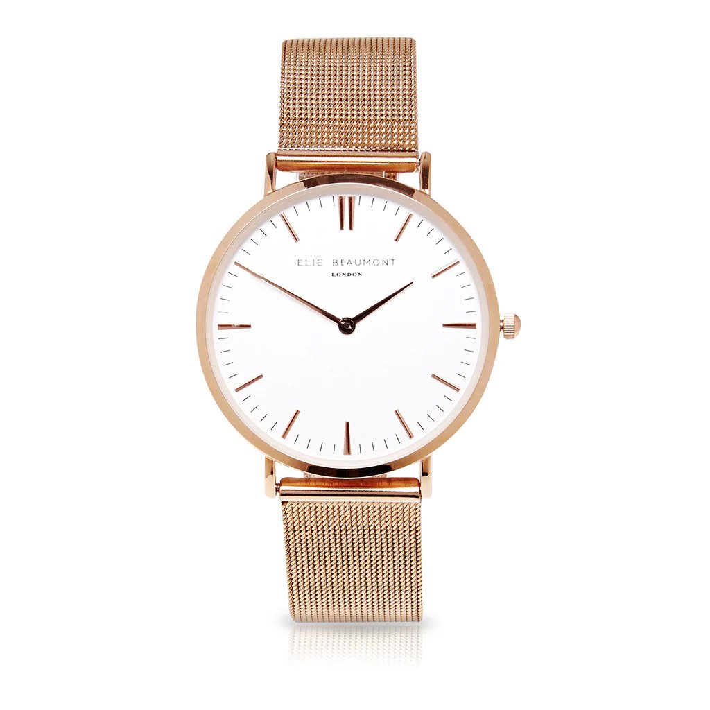 Personalised  Elie Beaumont Ladies Rose Gold Mesh Strapped Watch With White Dial