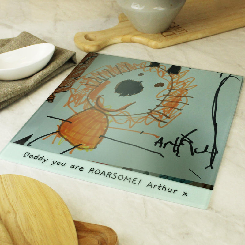 Personalised Childrens Drawing Photo Upload Glass Chopping Board/Worktop Saver