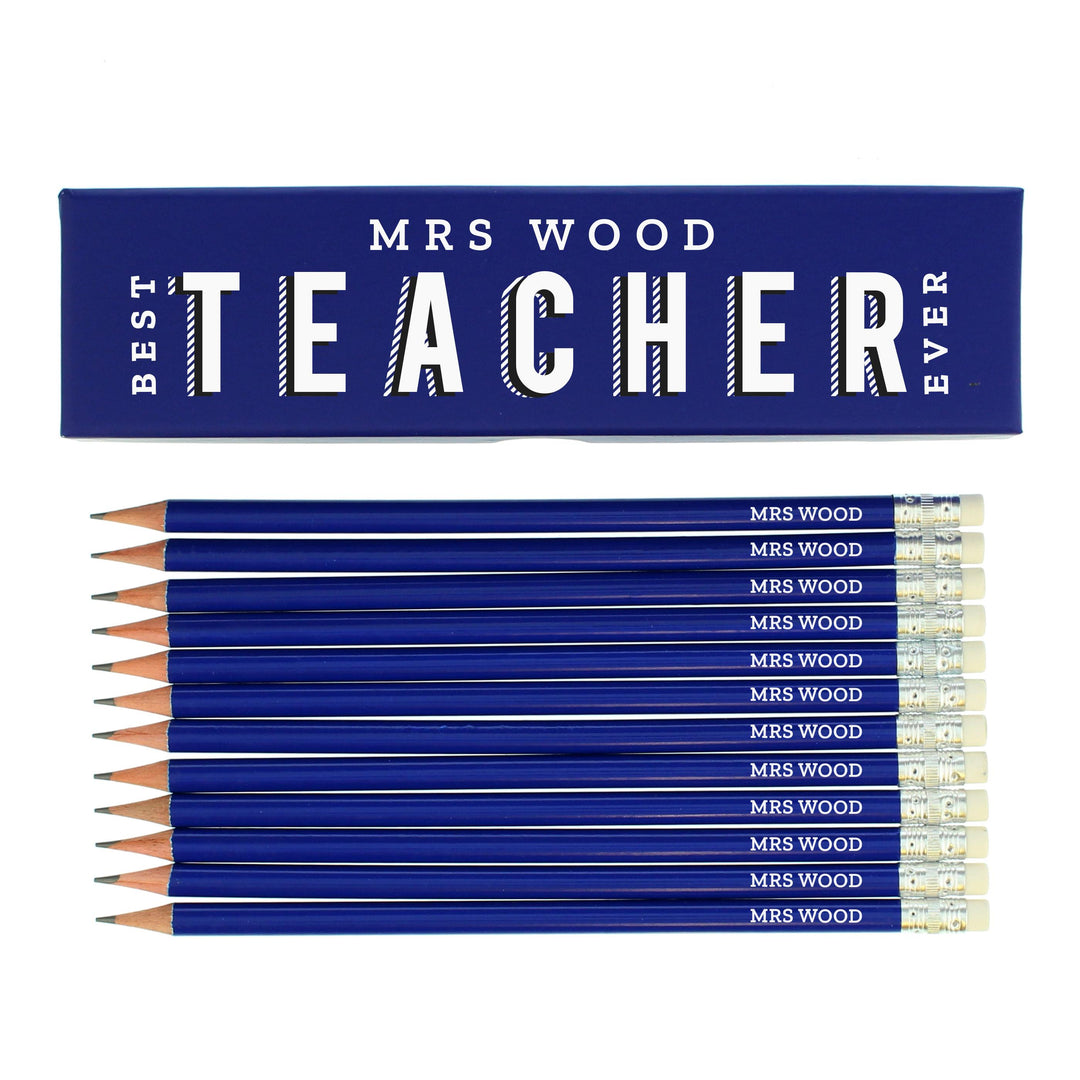 Personalised Best Teacher Ever Box and 12 Blue HB Pencils – alternative view