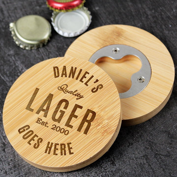 Personalised Free Text Bamboo Bottle Opener Coaster – alternative view