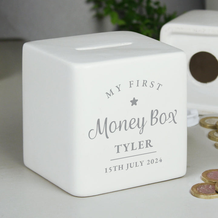 Personalised My First Ceramic Square Money Box – alternative view