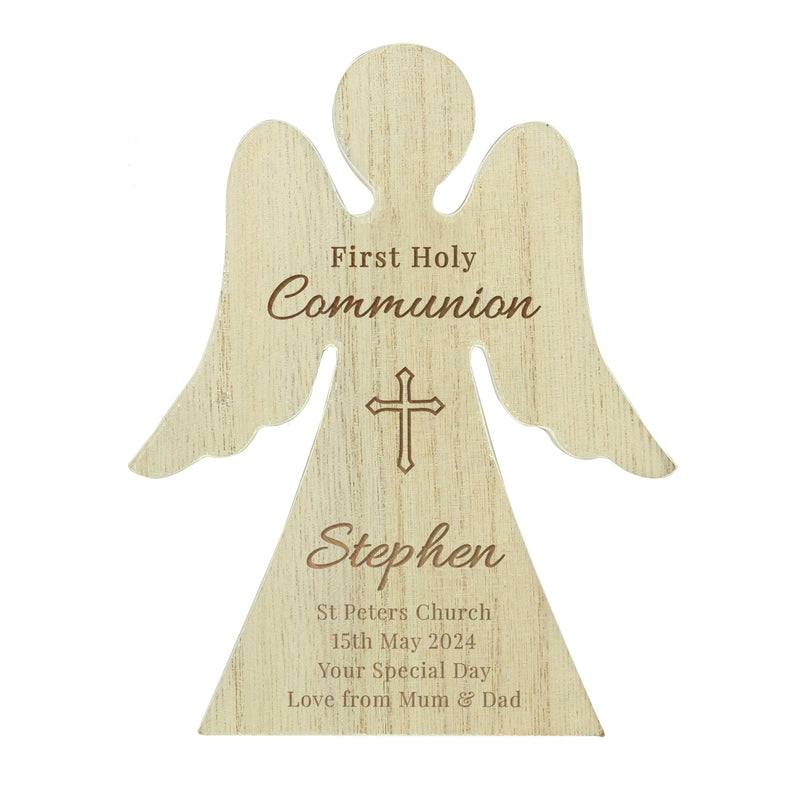 Personalised First Holy Communion Rustic Wooden Angel Decoration