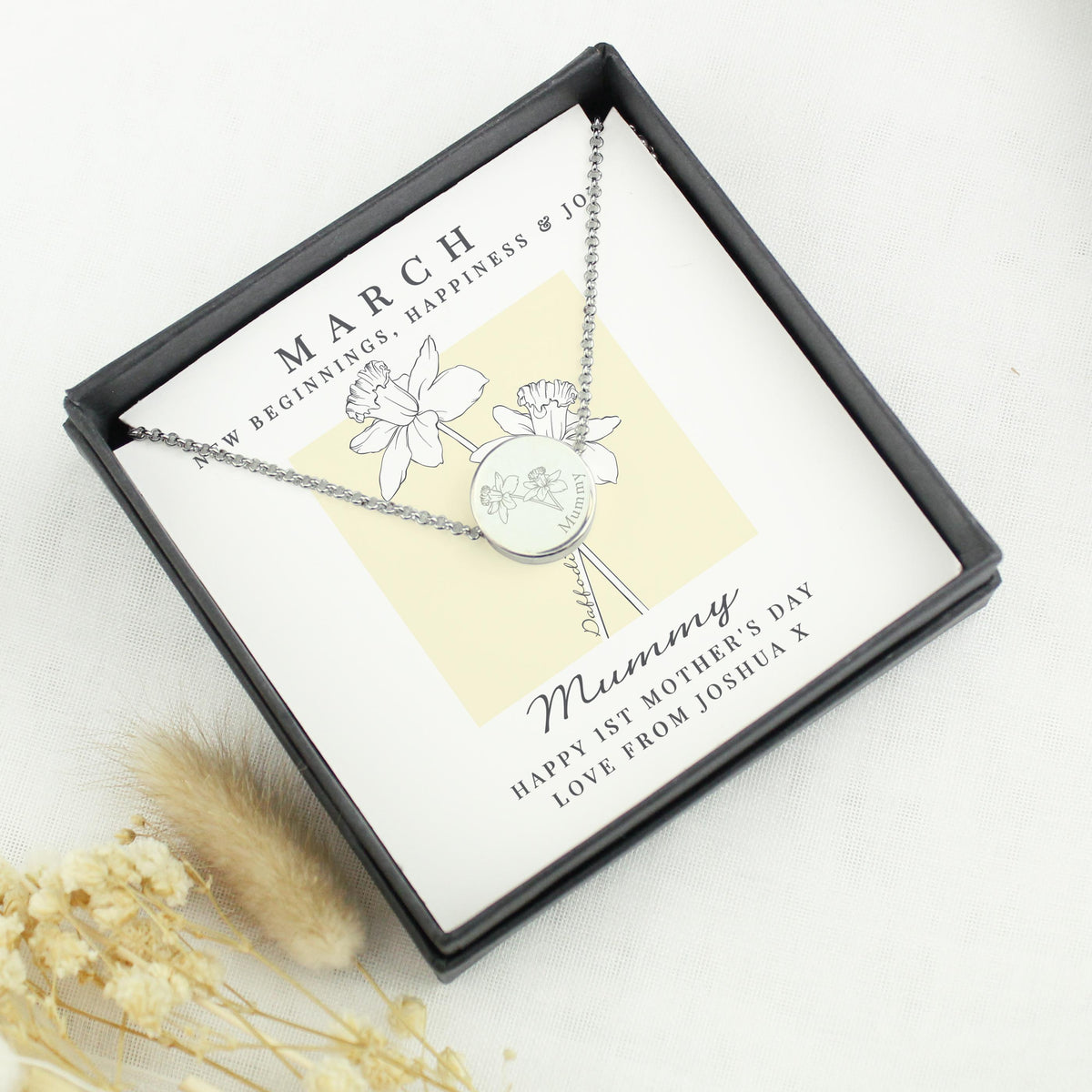 Personalised March Birth Flower Necklace and Box – alternative view