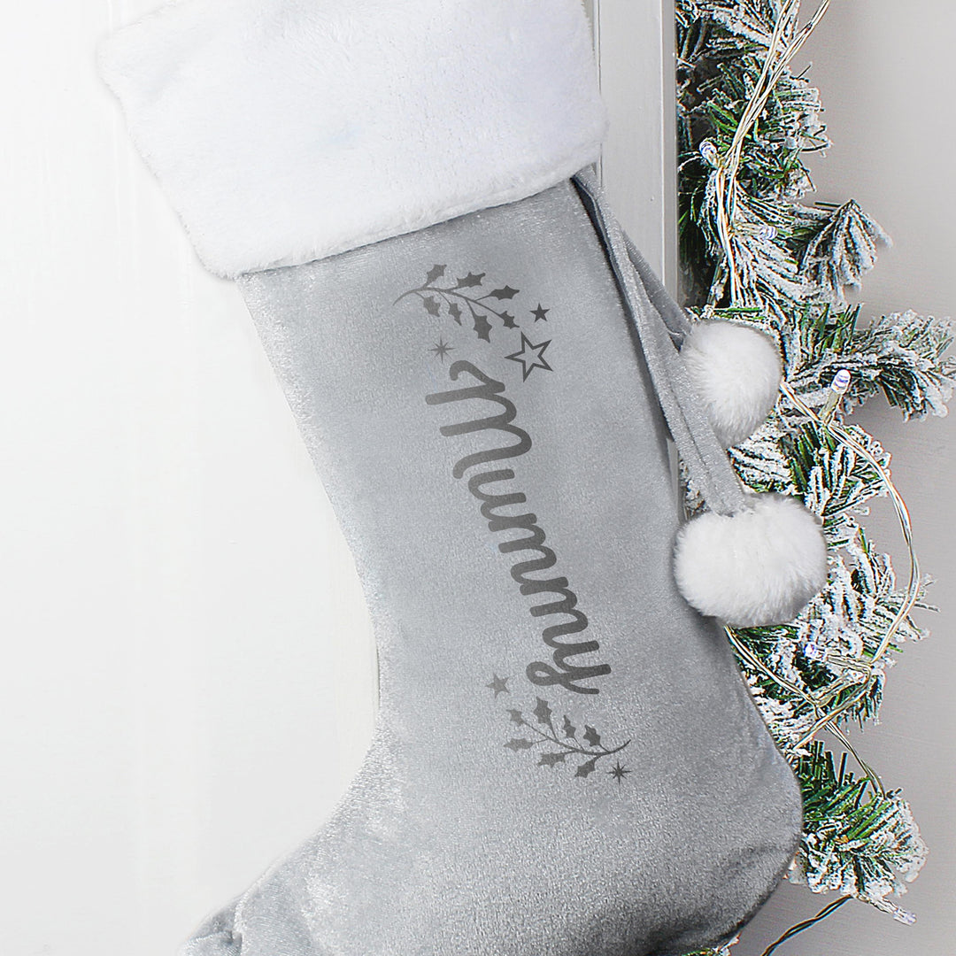 Personalised Holly Grey Christmas Stocking – alternative view