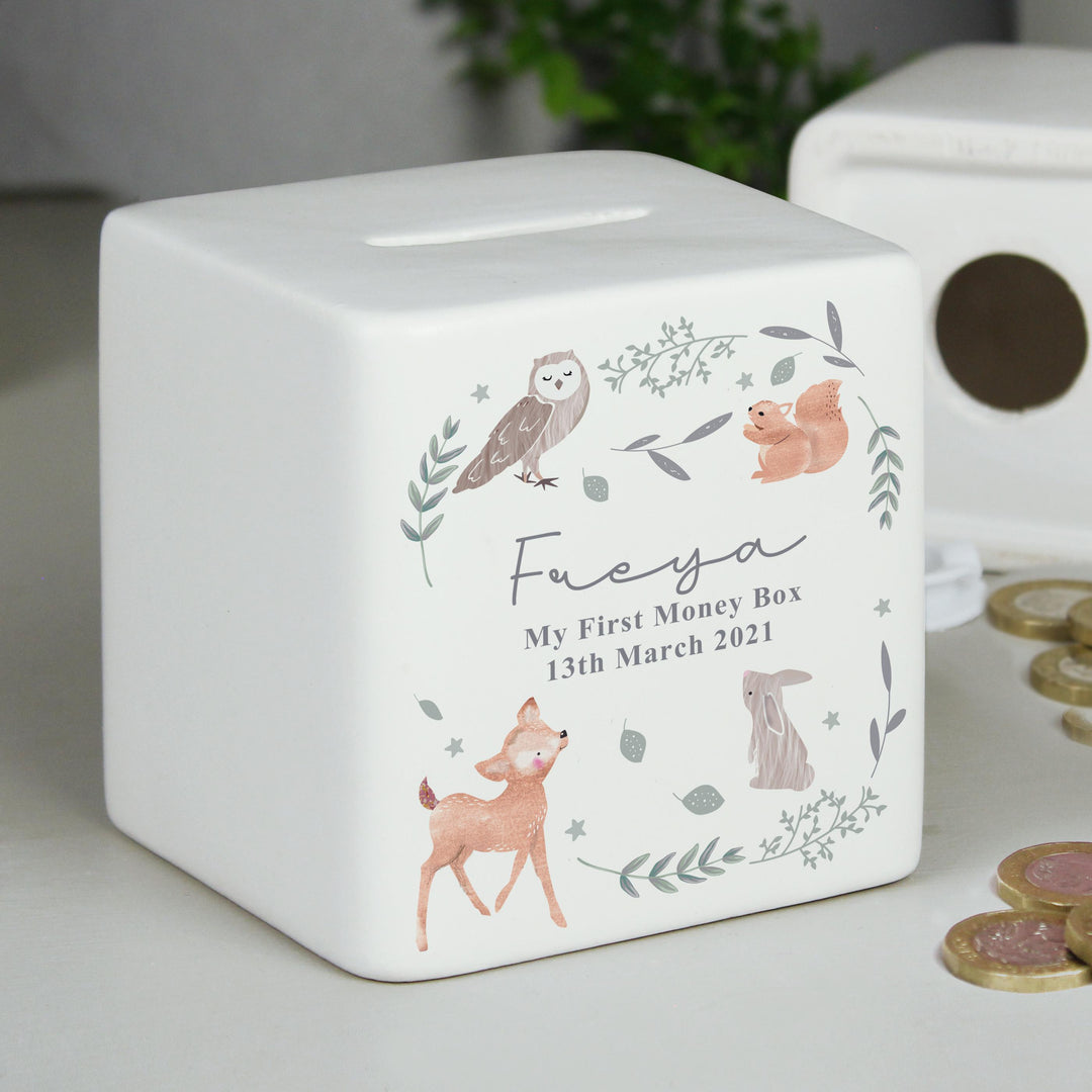 Personalised Woodland Animals Ceramic Square Money Box – alternative view