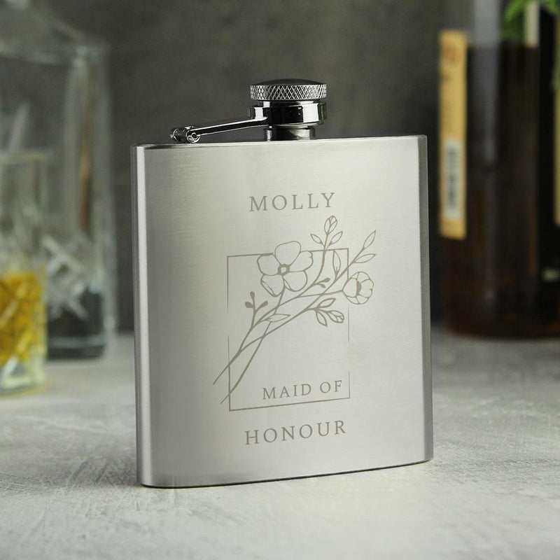 Personalised Monochrome Floral Wedding Party Hip Flask