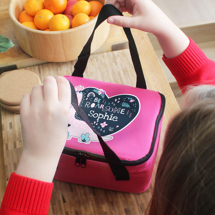 Personalised Dinosaur Pink Lunch Bag, The Personal Shop, personalised gifts