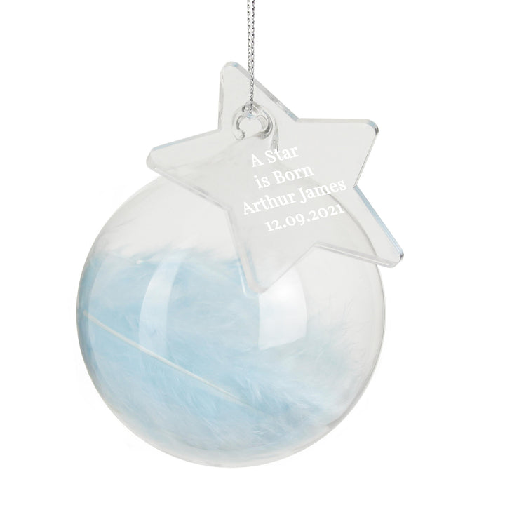 Personalised Free Text Blue Feather Glass Bauble With Star Tag – alternative view