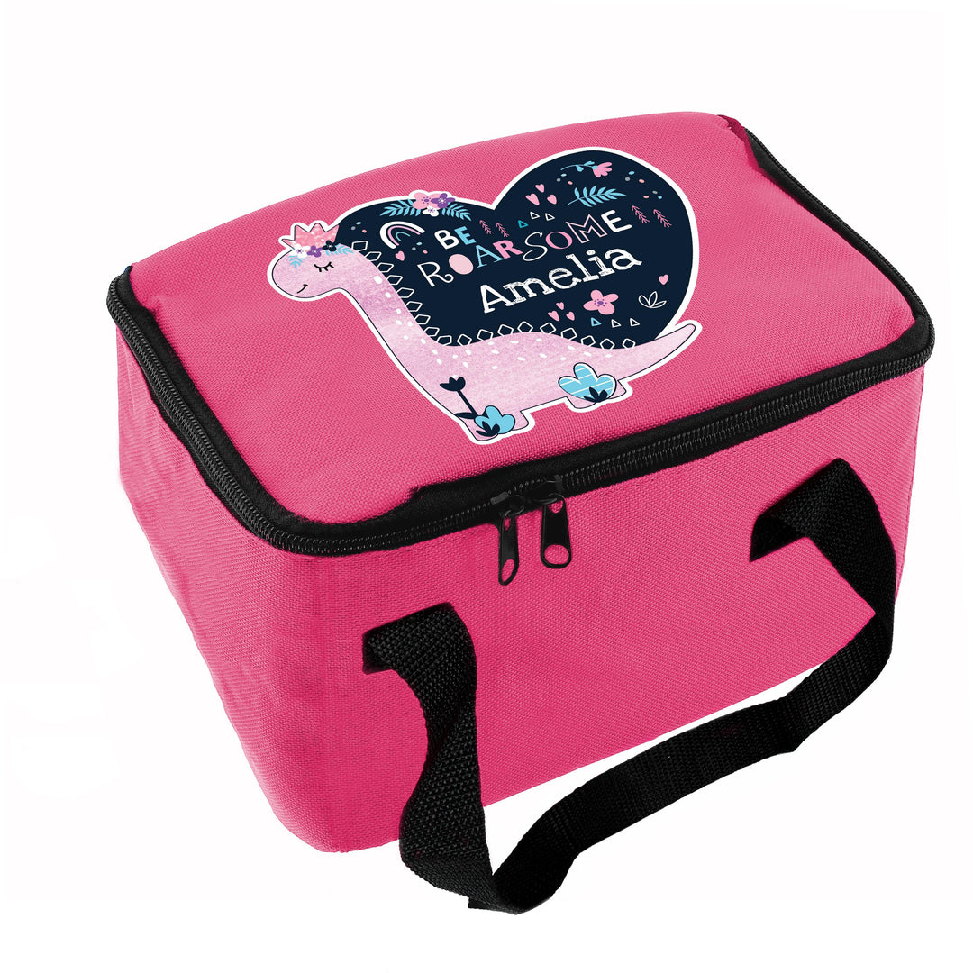 Personalised Dinosaur Pink Lunch Bag, The Personal Shop, personalised gifts