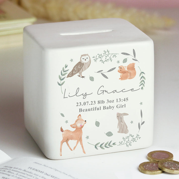 Personalised Woodland Animals Ceramic Square Money Box – alternative view