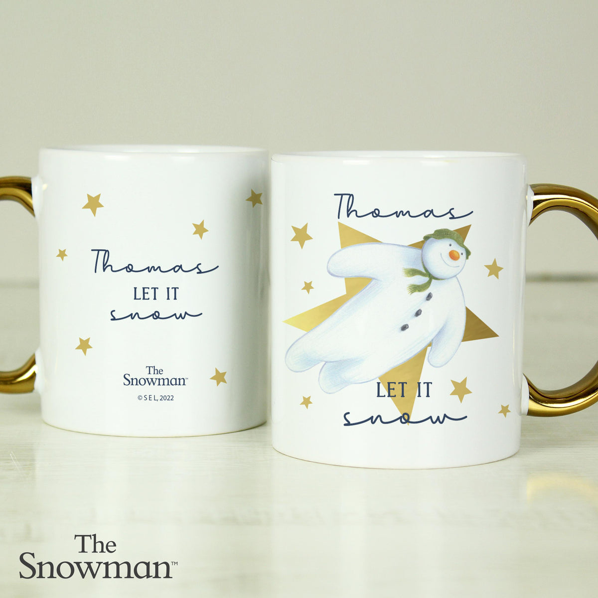 Personalised The Snowman Let it Snow Gold Handed Mug – alternative view