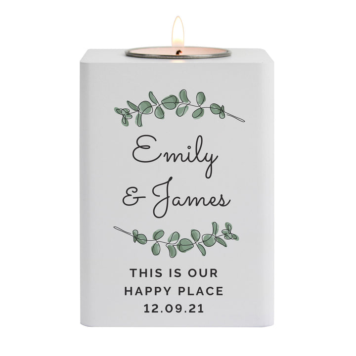 Personalised Botanical White Wooden Tea light Holder – alternative view