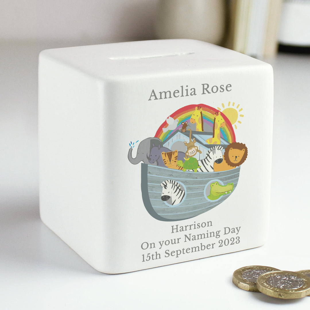 Personalised Noahs Ark Ceramic Square Money Box – alternative view