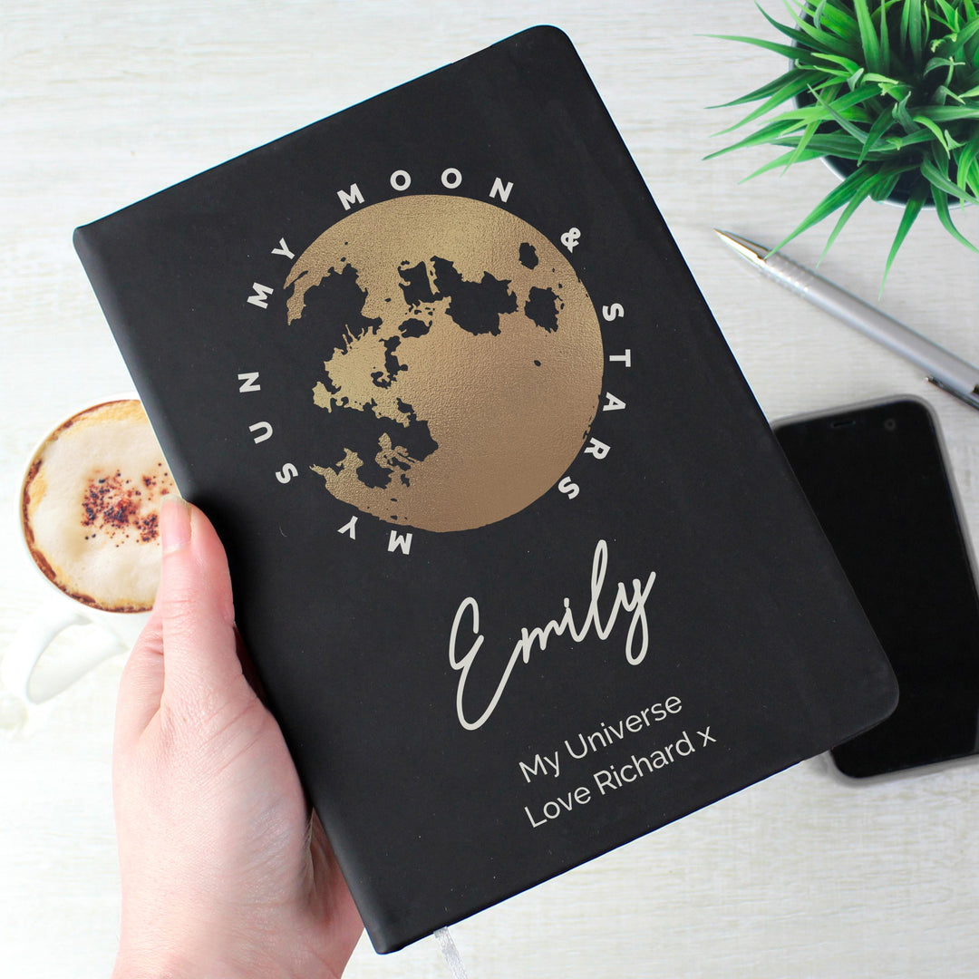 Personalised Moon &amp; Stars Black Hardback Notebook, The Personal Shop, personalised gifts