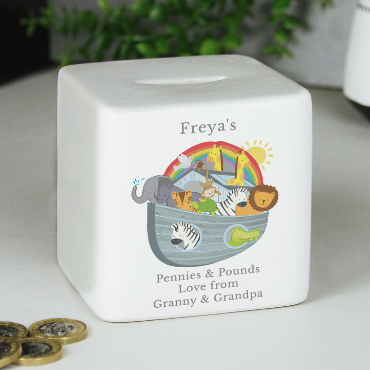 Personalised Noahs Ark Ceramic Square Money Box – alternative view