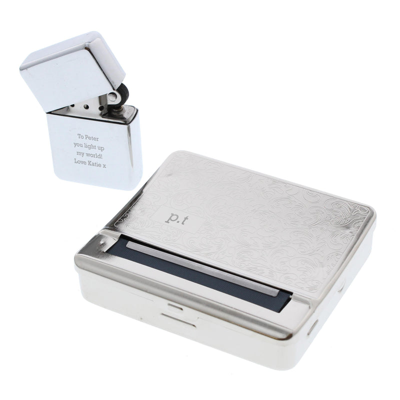 Personalised Tobacco Rolling Tin and Silver Lighter Set