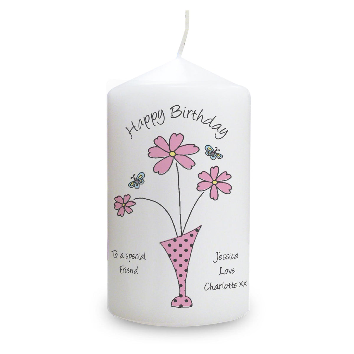 Personalised Flower in Vase Message Pillar Candle, The Personal Shop, personalised gifts
