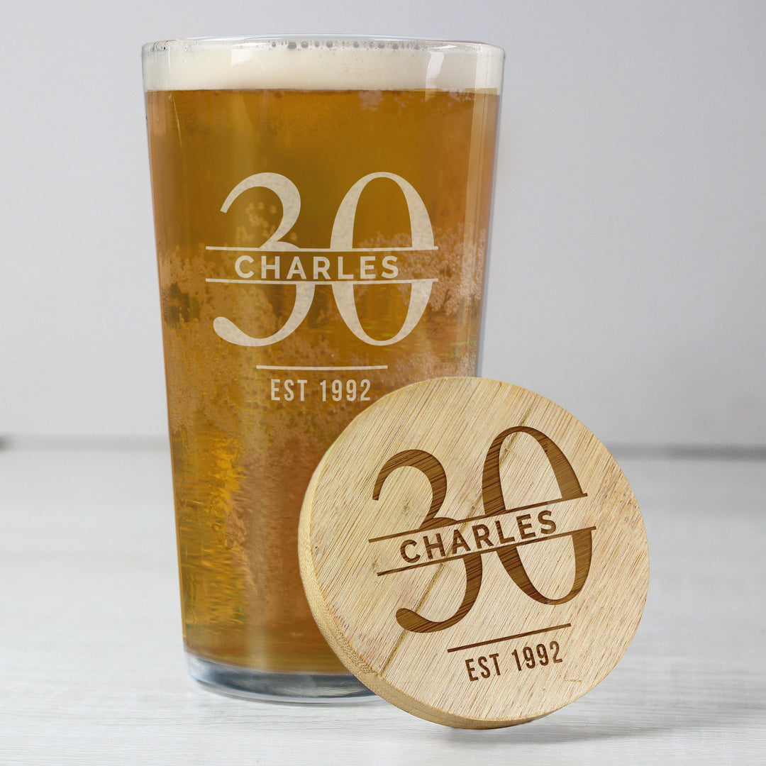 Personalised Big Age Bamboo Bottle Opener Coaster and Pint Glass Set – alternative view