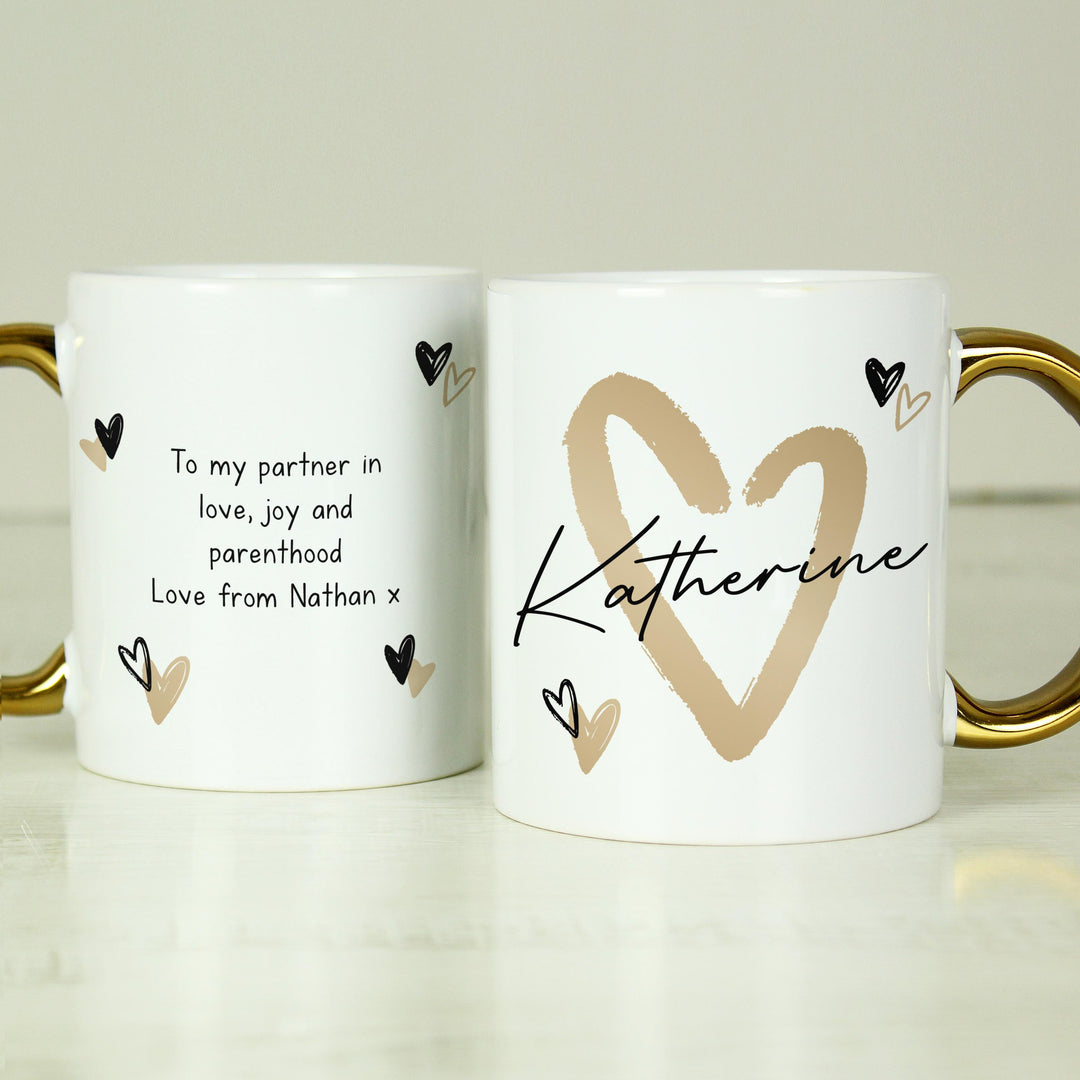 Personalised Hearts Gold Handled Mug, The Personal Shop, personalised gifts