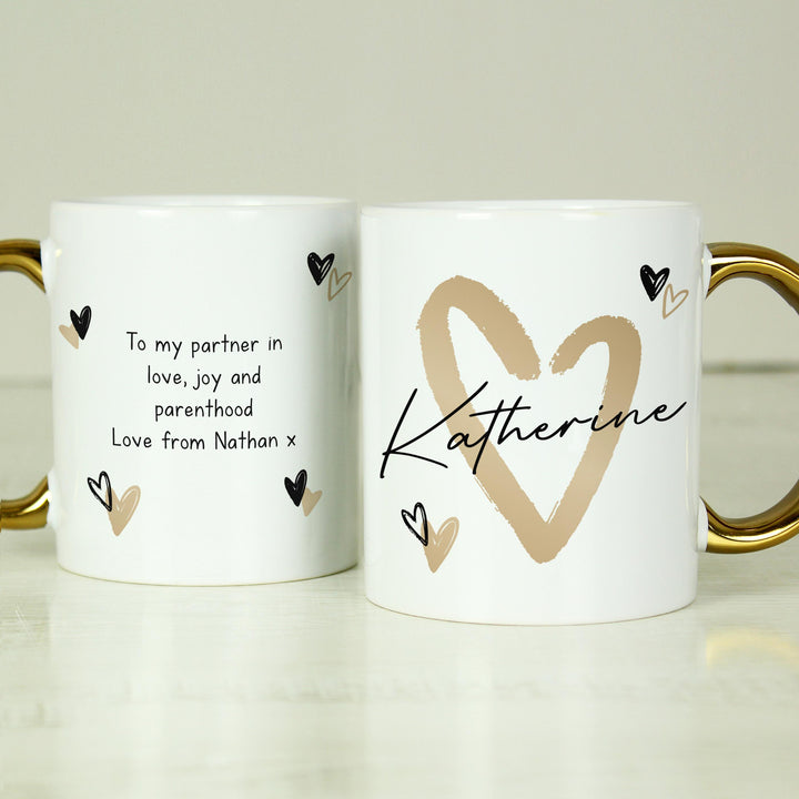Personalised Hearts Gold Handled Mug, The Personal Shop, personalised gifts