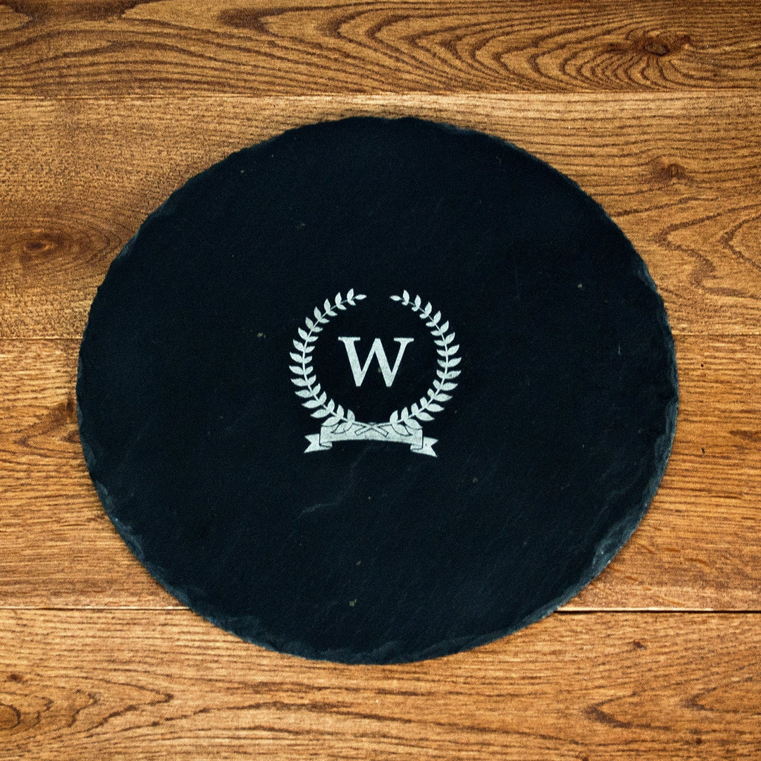 Personalised Initial in Wreath Round Slate Cheese Board