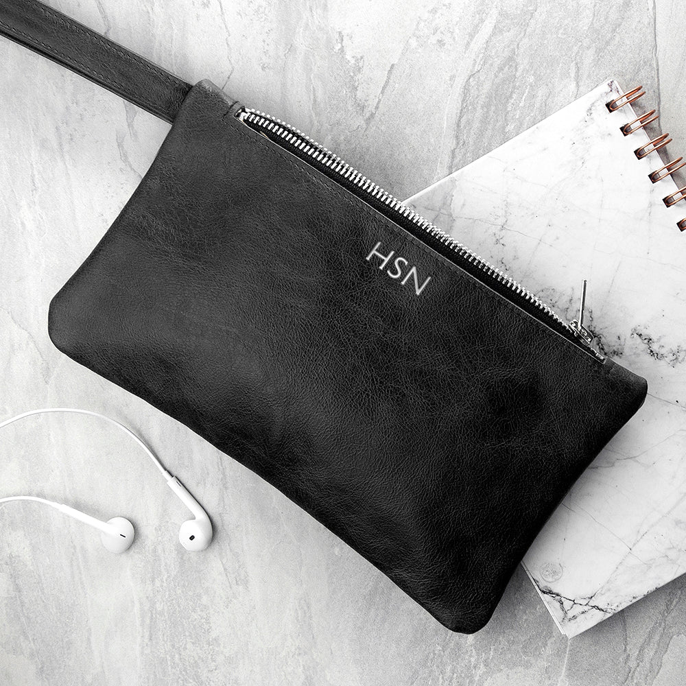 Personalised Monogrammed Black Leather Clutch Bag