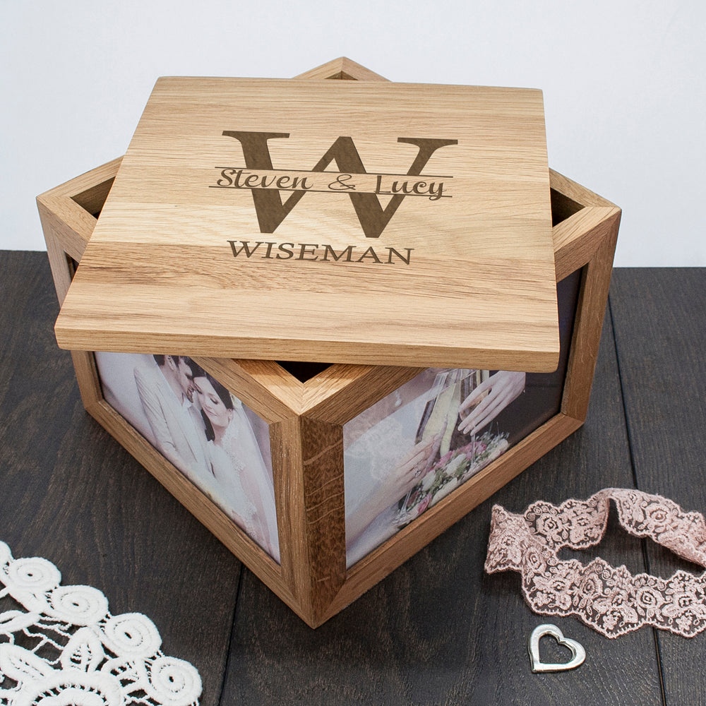 Personalised Oak Photo Keepsake Box with Couple Monogram