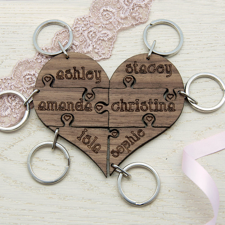 Personalised To Our Bridesmaid Heart Jigsaw Wooden Keyring