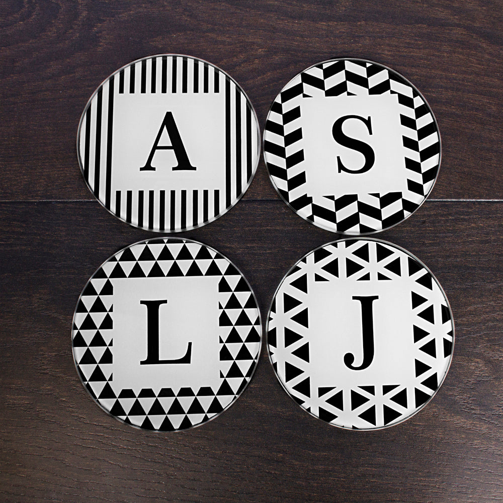 Personalised Set of Four Glass Coasters - Black &amp; White Design