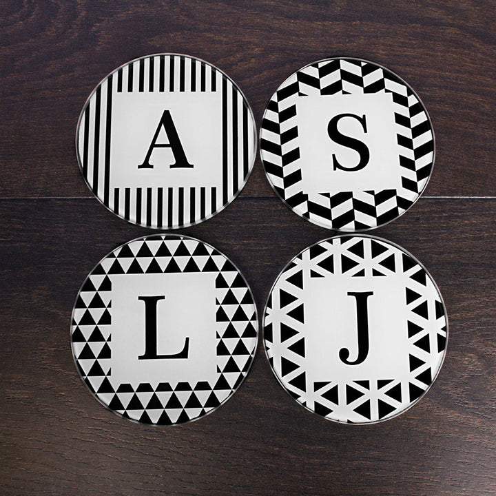 Personalised Set of Four Glass Coasters - Black &amp; White Design