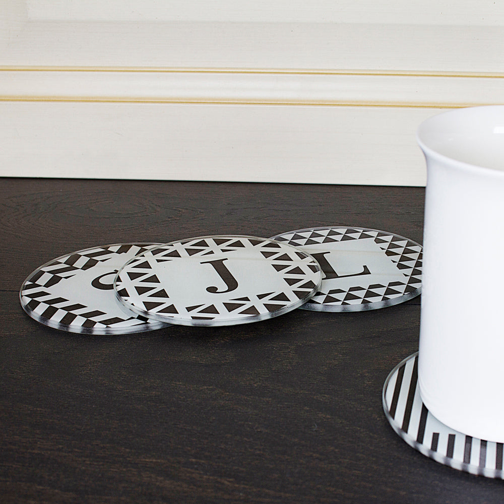 Personalised Set of Four Glass Coasters - Black &amp; White Design