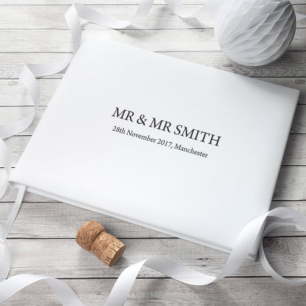 Personalised Engraved White Leather Wedding Guest Book