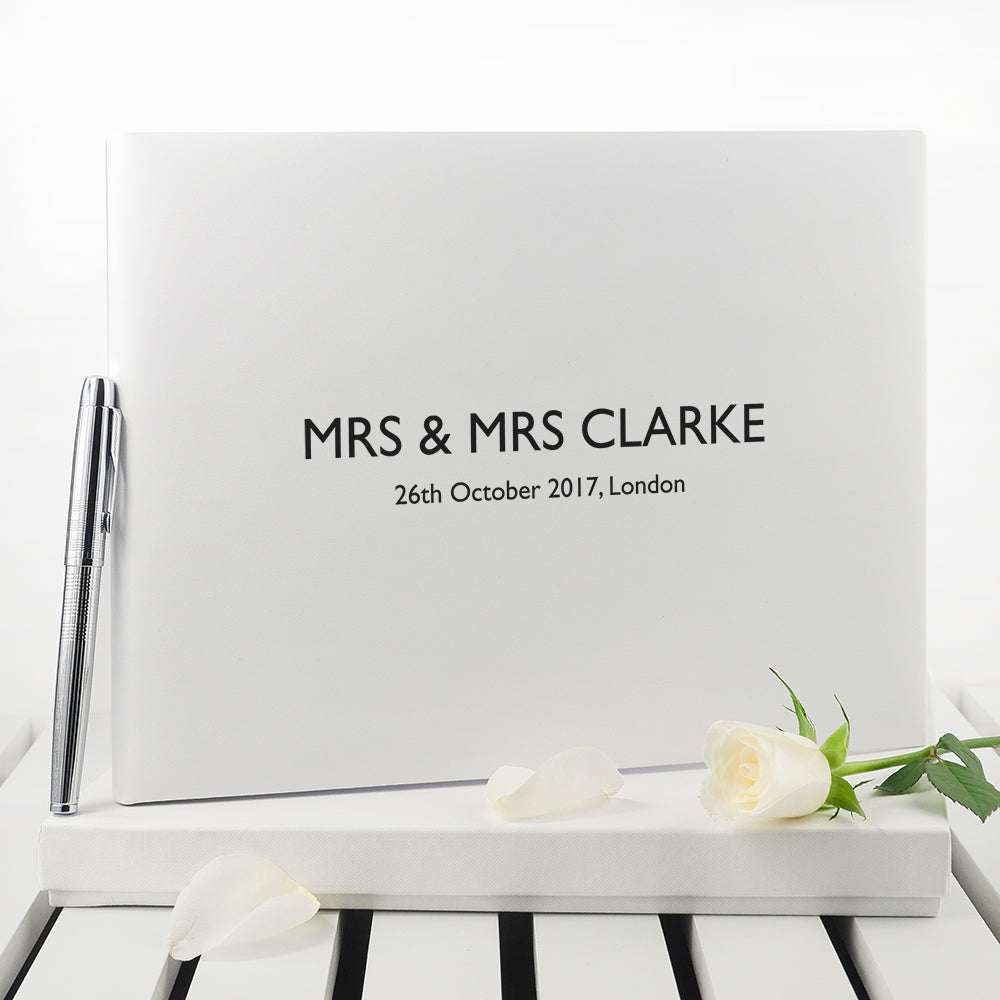 Personalised Engraved White Leather Wedding Guest Book