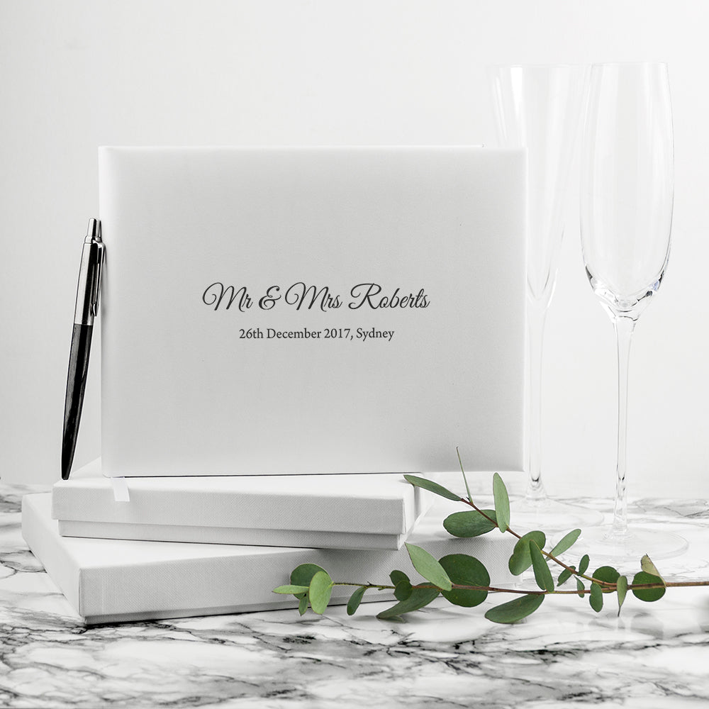 Personalised Engraved White Leather Wedding Guest Book