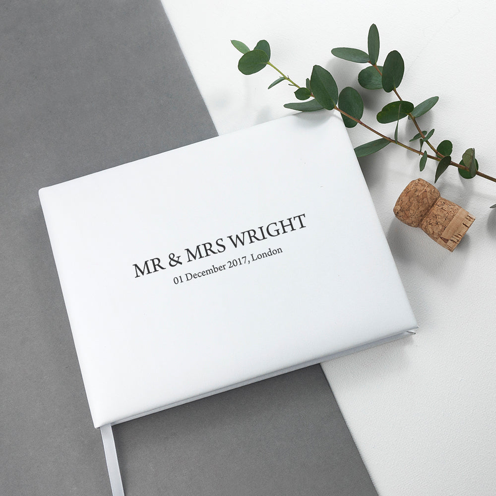 Personalised Engraved White Leather Wedding Guest Book