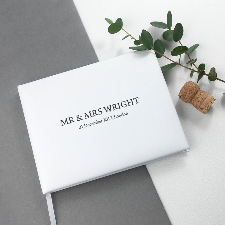 Personalised Engraved White Leather Wedding Guest Book