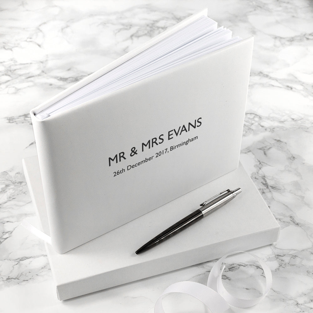 Personalised Engraved White Leather Wedding Guest Book