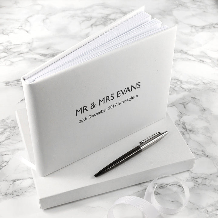 Personalised Engraved White Leather Wedding Guest Book