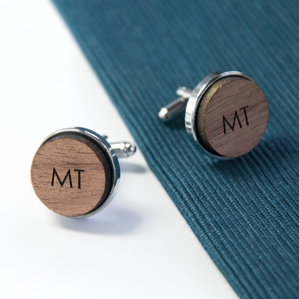 Personalised Monogram Engraved Round Walnut Cufflinks