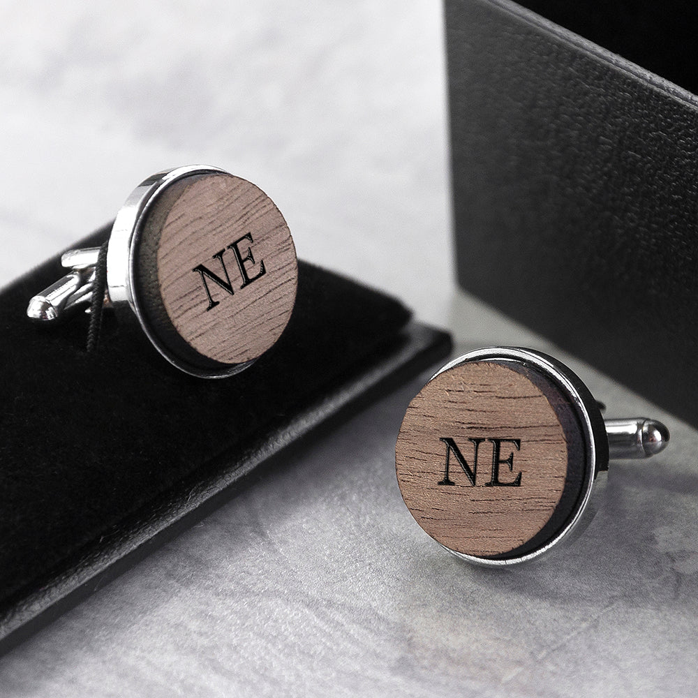 Personalised Monogram Engraved Round Walnut Cufflinks