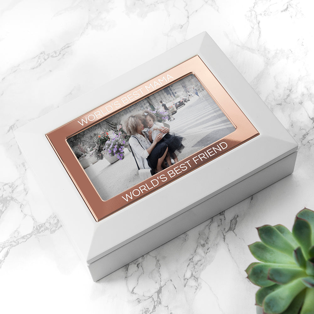 Personalised White And Rose Gold Photo Jewellery Box