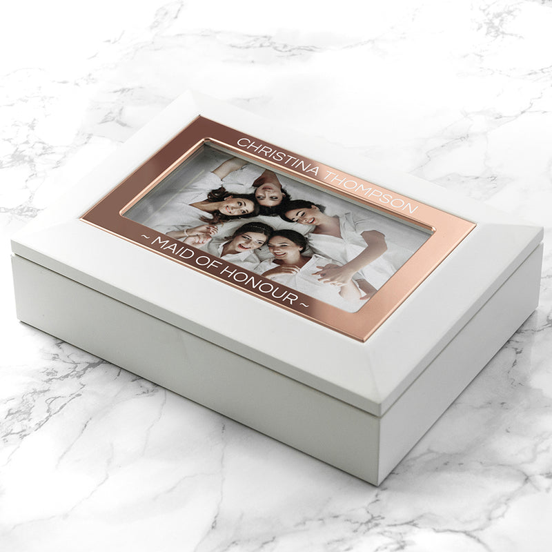 Personalised White And Rose Gold Photo Jewellery Box