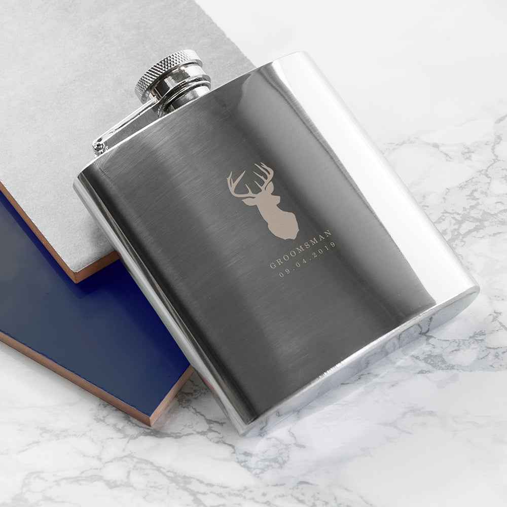 Personalised Stag 6oz Stainless Steel Hip Flask, The Personal Shop, personalised gifts